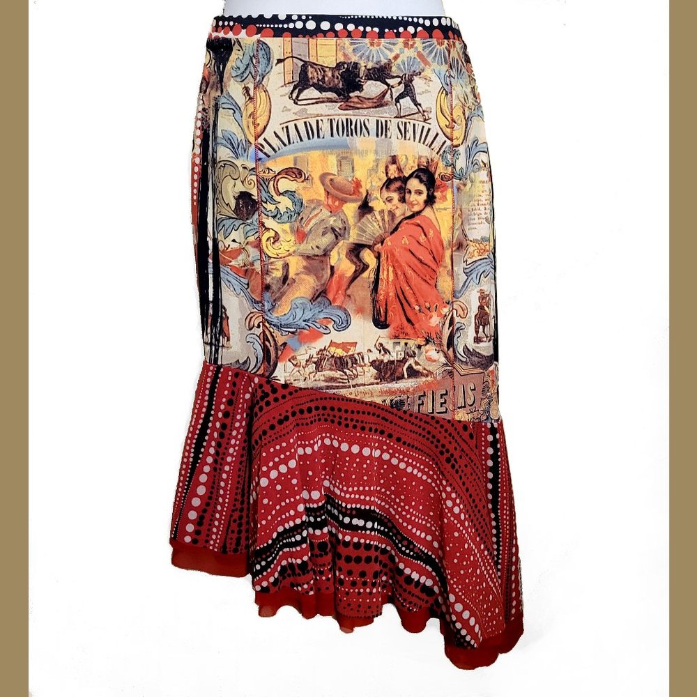 FUZZI Italy Stretch Graphic Skirt with Flounce Toros de Sevilla Gaultier -ish